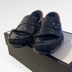 Gucci Mens Black Patent Leather Driver Moccasins with red stripe trim Size 11